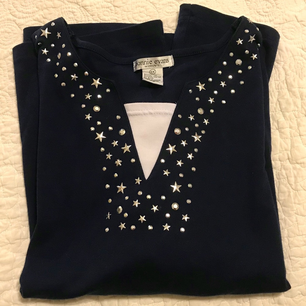 Bonnie Evans navy blue v-neck top blinged with stars & studs (3X)